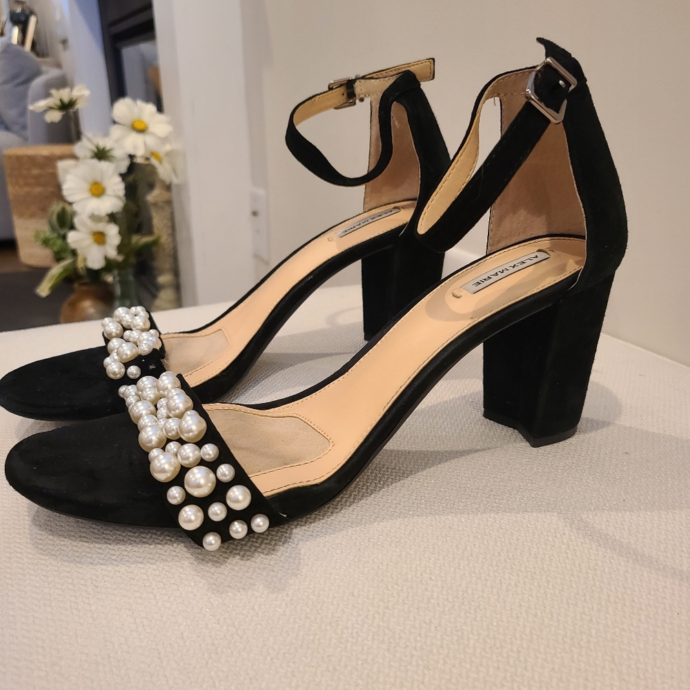 Alex Marie Open Toe Pearl Strap Velvet Wrapped Block Heel Shoes - Picture 3 of 6